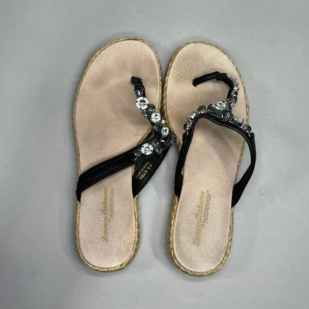 Tommy Bahama Ilysa Sandals Women's 8 Black Beaded‎ Rhinestone Espadrille Thong